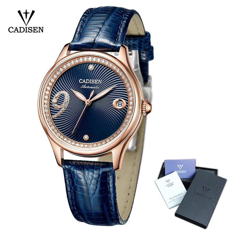 

CADISEN 2019 LuxuryWomen‘s Mechanical Watch Blue Leather Automatic Watch Casual Fashion Elegant 5ATM Waterproof Calendar Dress