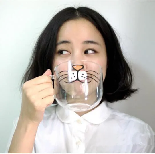 

Novelty Glass Cup Cat Face Mugs Coffee Tea Milk Breakfast Mug Creative Gifts 540ml
