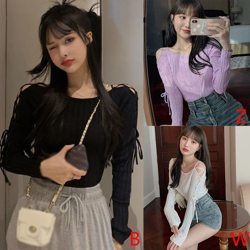 

Autumn Temperament Design Sense Strap Sexy Wild Thin Sweater Women Long Sleeve Knitted Pullover Top