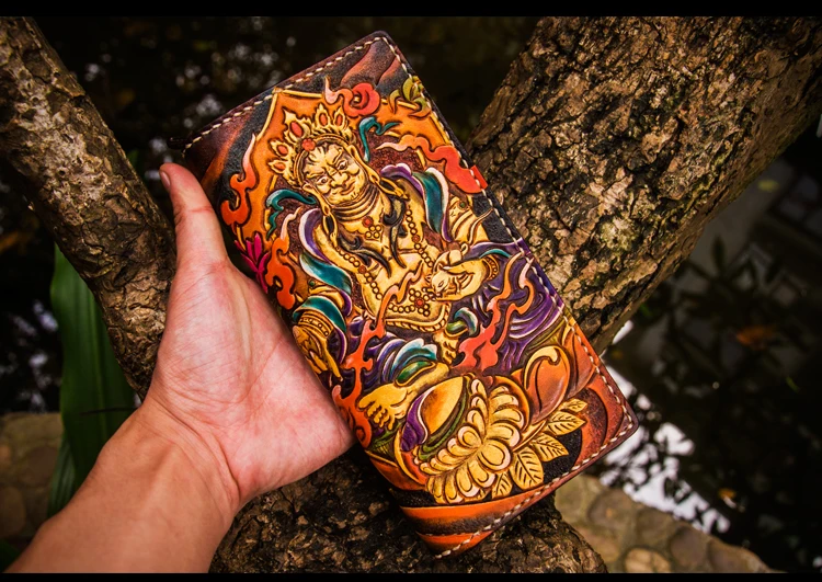 Handmade Wallets Carving the god of wealth Purses Men Long Clutch Vegetable Tanned Leather Wallet Card Holder