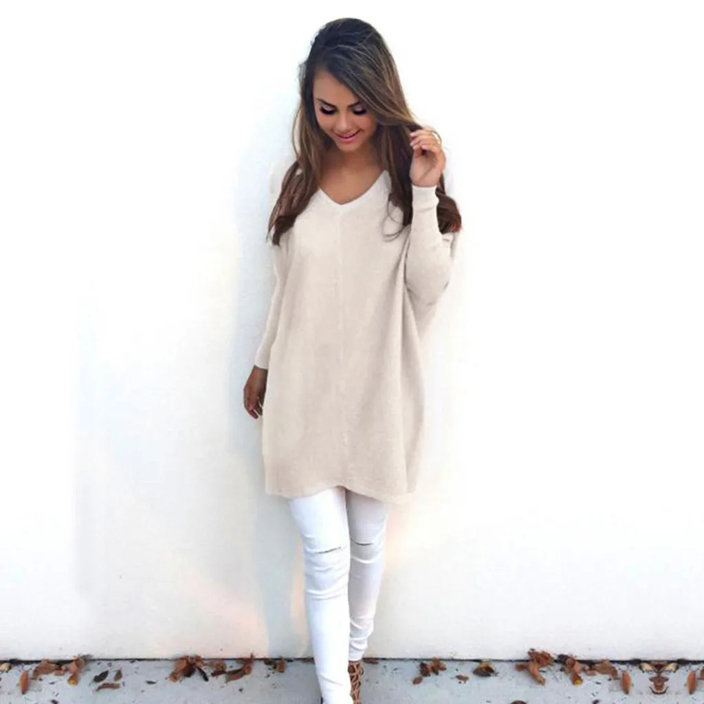 Womens Sweaters 2019 Autumn Winter Long Sleeve Jumper for Women Solid Khaki Coat Female V-neck Loose Sweater S-XL | Женская одежда