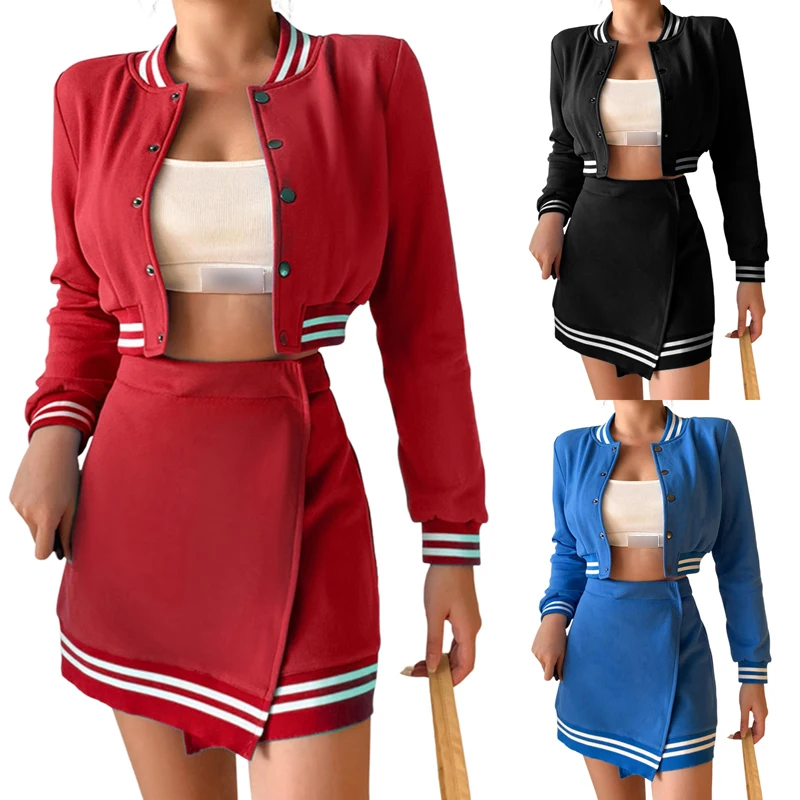 

Женский комплект спортивной одежды kayoваши из 2 предметов, Женская весенне-осенняя полосатая куртка + облегающая мини-юбка-карандаш, бейсбол...