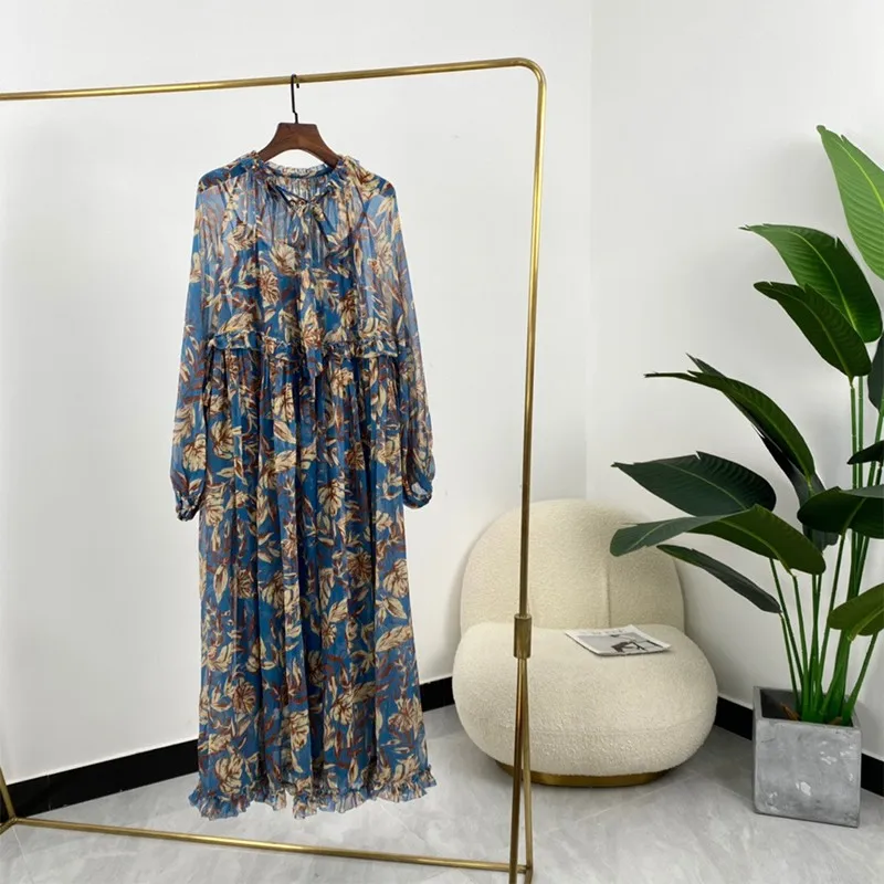 

2021 летние модные винтажные женские укороченные платья до щиколотки с ботаническим принтом, высококачественные 100% шелковые завязки на тали...