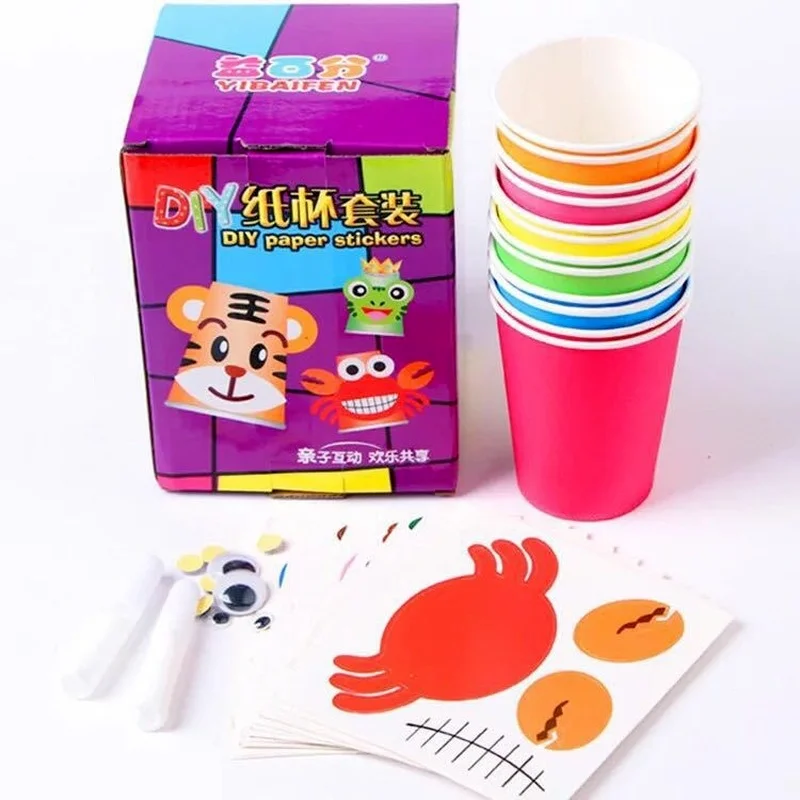 

12pcs/set Kids Animals DIY handmade art paper toys kit kindergarten craft material school Children cups Educational sticker