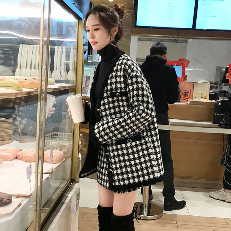 Черно-белый плед твидовый жакет + юбка костюм осень / зима женская шерстяная