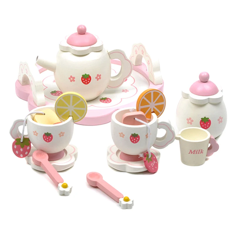

Mini Tea Set Toy Wooden Cup Teapots Tray for Children Kids Kitchen Role Playing Game DC156