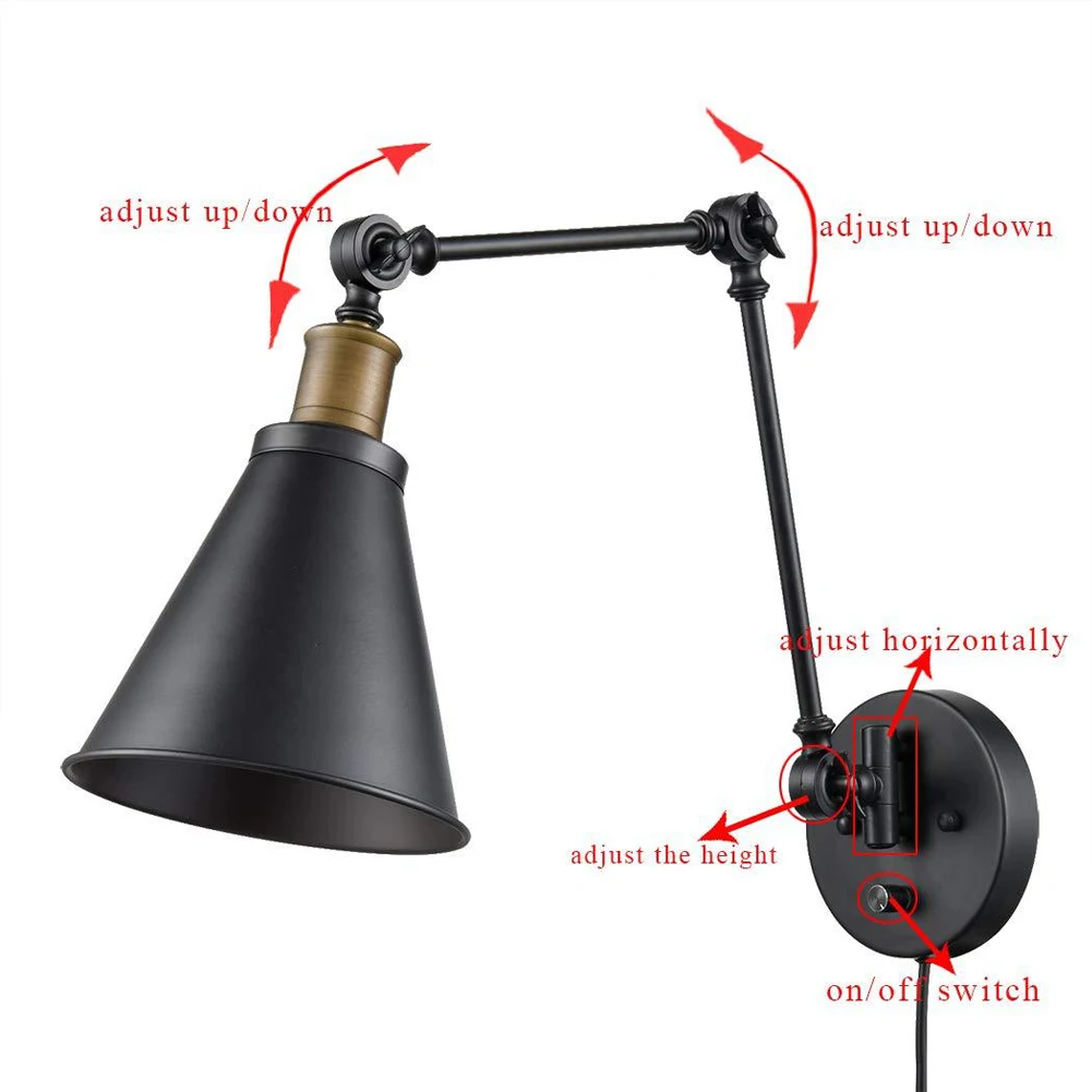 

Swing Arm Black Plug In Dimmable Switch Bedroom Home Decor Loft Industrial Bathroom Reading Light Retro Wall Sconce Bedside