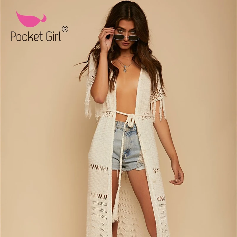

Pocket Girl 2020 Beach Cover Up Swimsuit Long Dress Cardigan Short Sleeve Swimwear Summer Ladieswear Sexy Beachwear Cover-ups