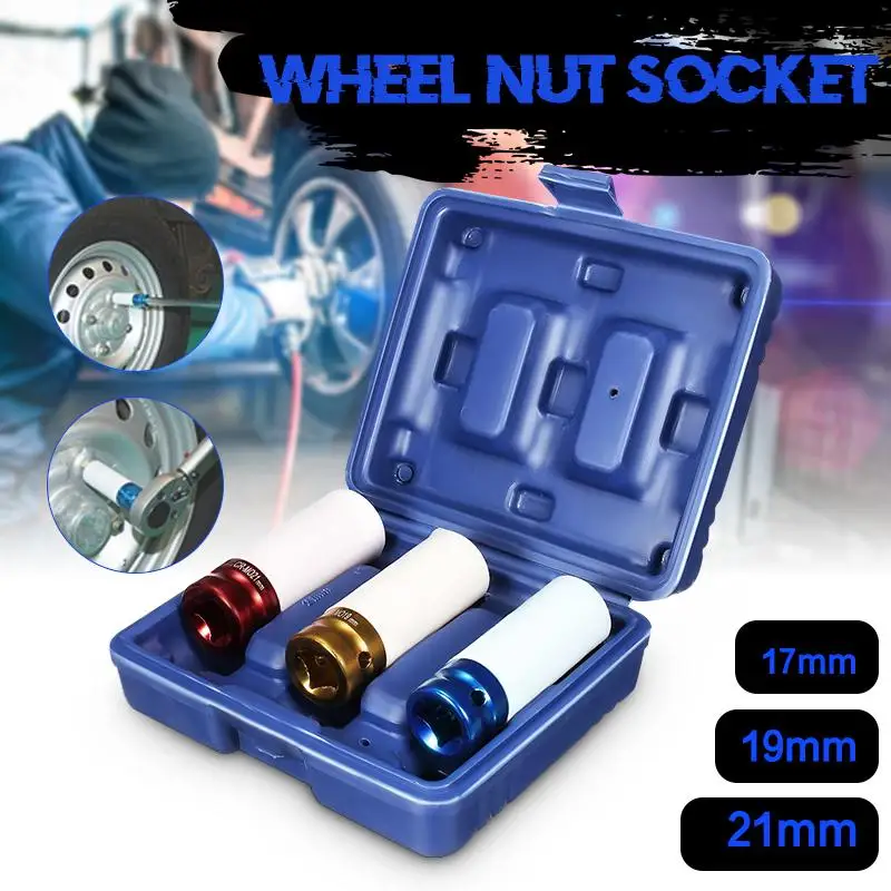 

3Pcs 1/2" 17 19 21mm Colorful Sleeve Tire Protection Sleeve Wall Deep Impact Nut Socket Alloy Wheel