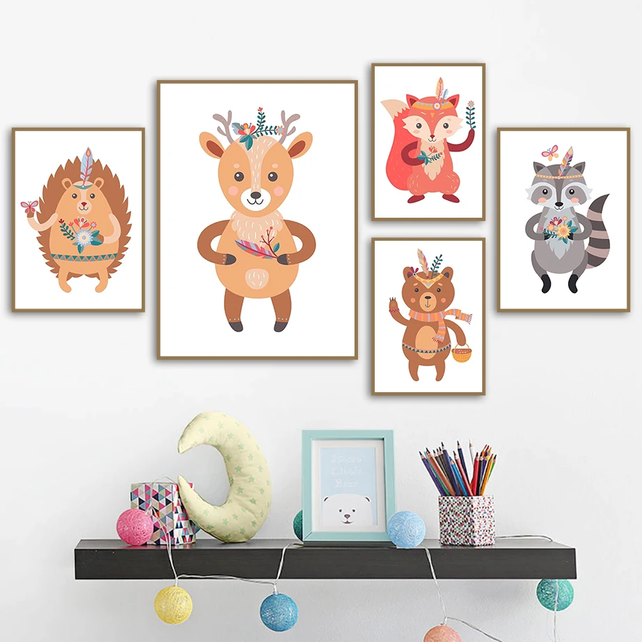 

Hedgehog Bear Fox Owl Deer Raccoon Nordic Posters And Prints Wall Art Canvas Painting Animals Wall Pictures For Kids Room Decor