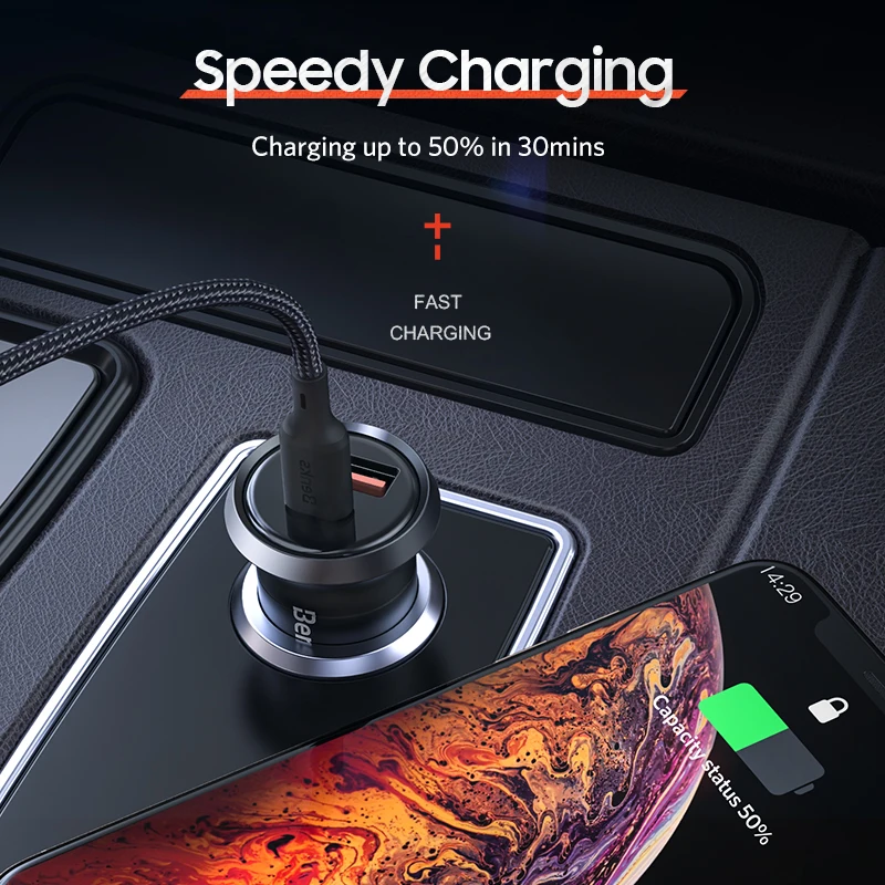 Benks Car Charger Dual Port PD QC 4.0 30W Type C Fast Charging Charger Quick Charge 3.0 For iphone 11 Pro Sumsung Huawei Xiaomi