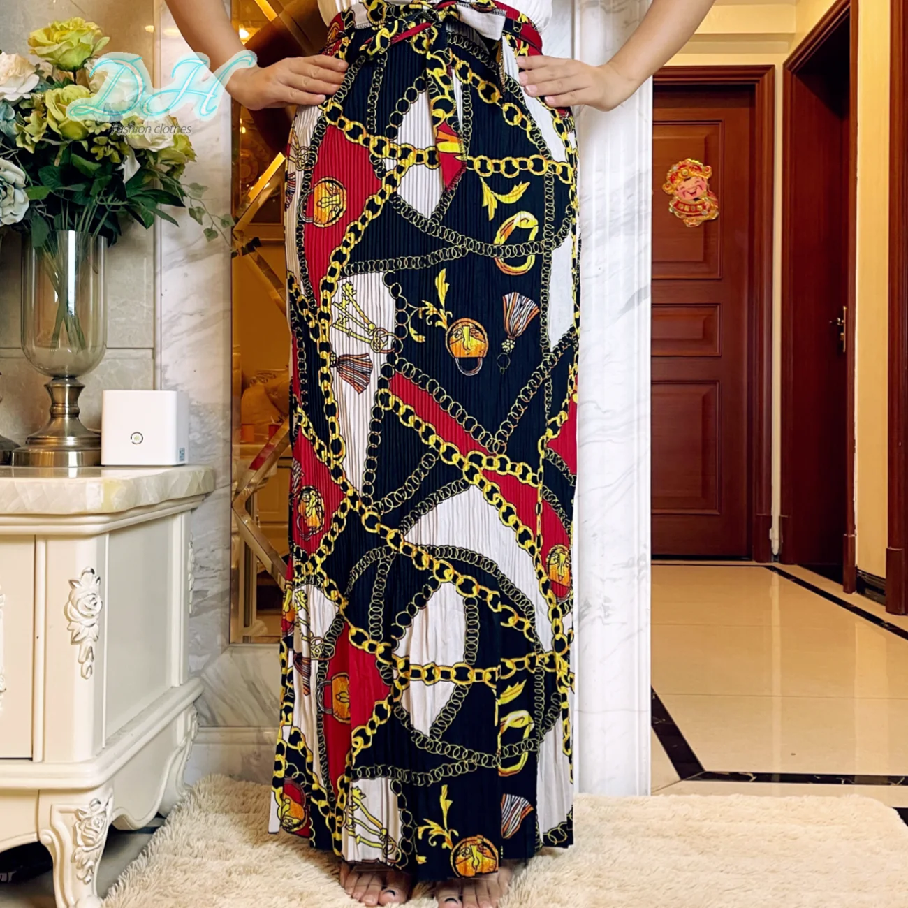 Летняя Женская эластичная шелковая хлопковая юбка с принтом и высокой талией