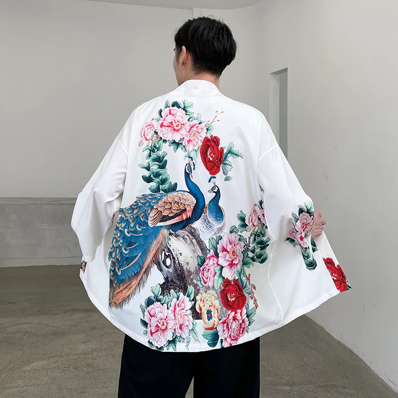 

Рубашка мужская, в стиле хип-хоп, большого размера, с принтом павлина, с коротким рукавом, 2021, Японская уличная одежда