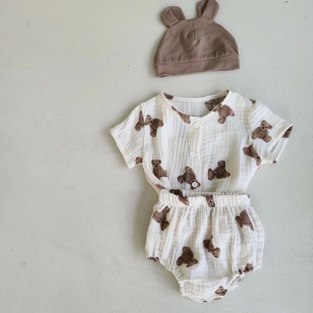 

2021 Summer New Toddler Baby Boy Cartoon Fashion Bear Pattern Short Sleeve Tops + Kid Loose Breathable PP Pant Pcs Clothes Set