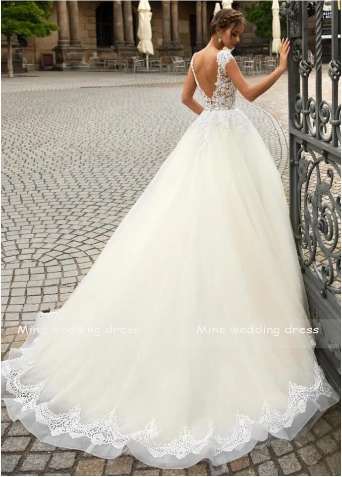 Гламурное свадебное платье трапециевидной формы Vestido de Noiva Robe de Mariee Trouwjurk из кружева, с вырезом на шее Аппликации Свадебные платья с глубоким вырезом на спине
