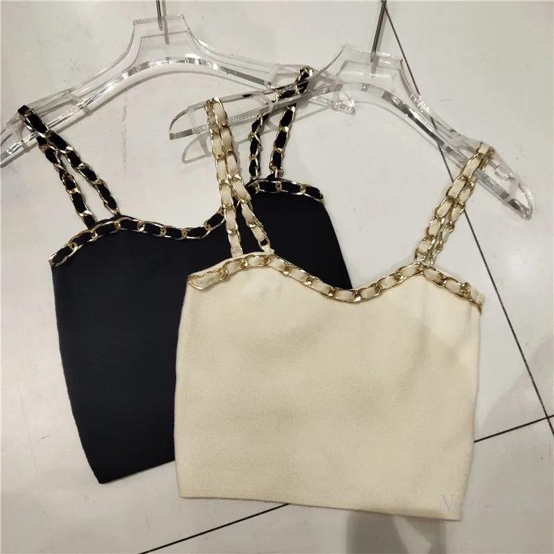 

Metal Chain Shoulder Strap Camisole for Women Stretch Knitted Tanks Inner Wear and Outer Wear Sexy Crop Top Solid Color