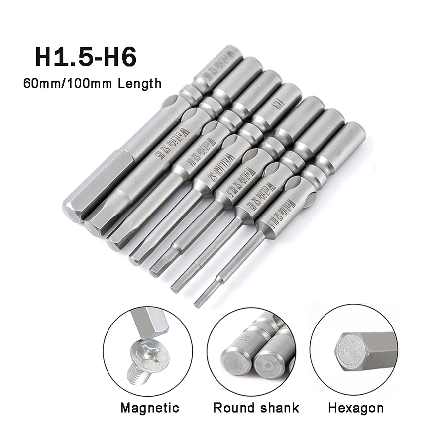 1pcs Hex Head Allen Wrench Drill Bits 60mm 100mm H1.5 H2 H2.5 H3 H4 H5 H6 Magnetic Hexagon Key Screwdriver Bits 6mm Round Shank