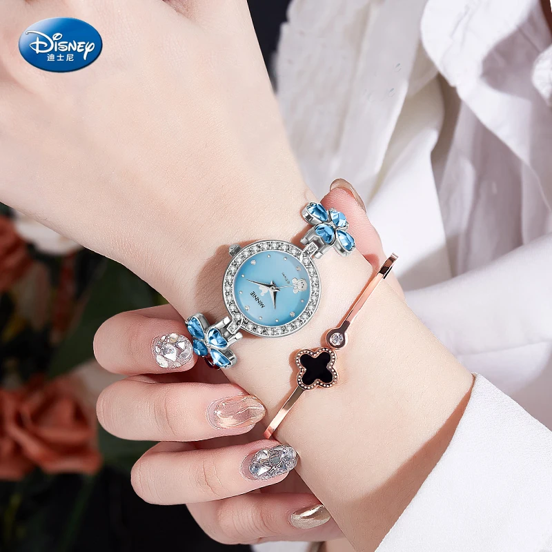 

Disney Mickey Mouse Wristwatch Women's Ribbon Small Cute Pointer Four Leaf Grass Bracelet Watch Ladies Watch 3Bar Alloy Quartz