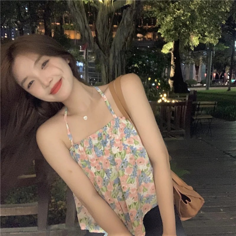 Summer Phuket Pure Sling Wind Spice Girl Sweet Broken Flower Hanging Neck Belly Pocket Versatile Cardigan | Женская одежда