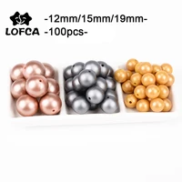 lofca 100pcs metallic silver print silicone beads 121519mm baby teething beads diy chewable food grade silicone teether round