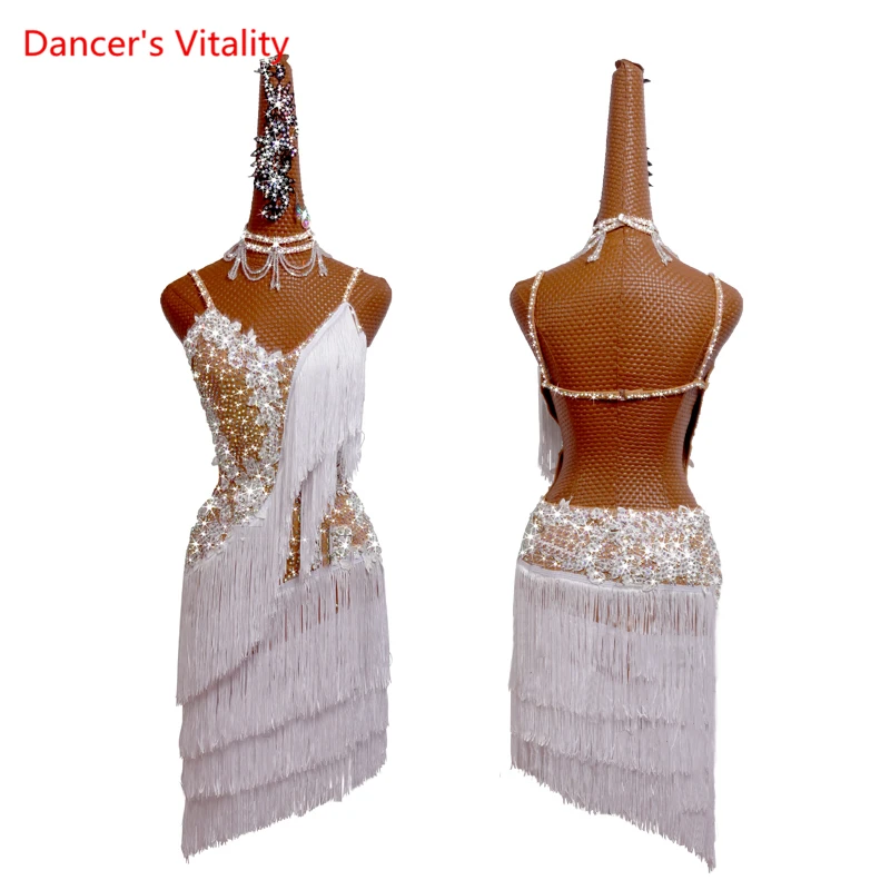 

Latin Dance Dress Rumba Sling Halter Fringe Skirt Female Adult Custom Professional Performance Competition Dancing Clothing