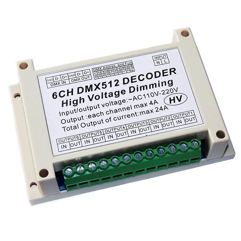 6CH DMX512 декодер высокого напряжения затемнения 6 каналов AC110V 220V 4A/CH DMX HV диммер