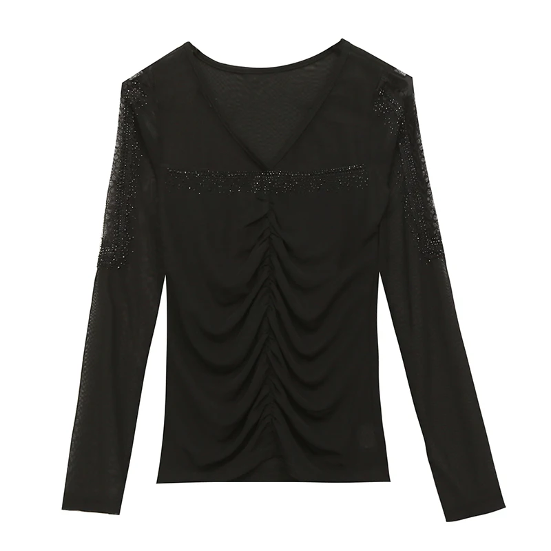 

New spring Printed shirt Stitching Women lace tops elegant female korean fashion Mesh Long sleeve T shirt