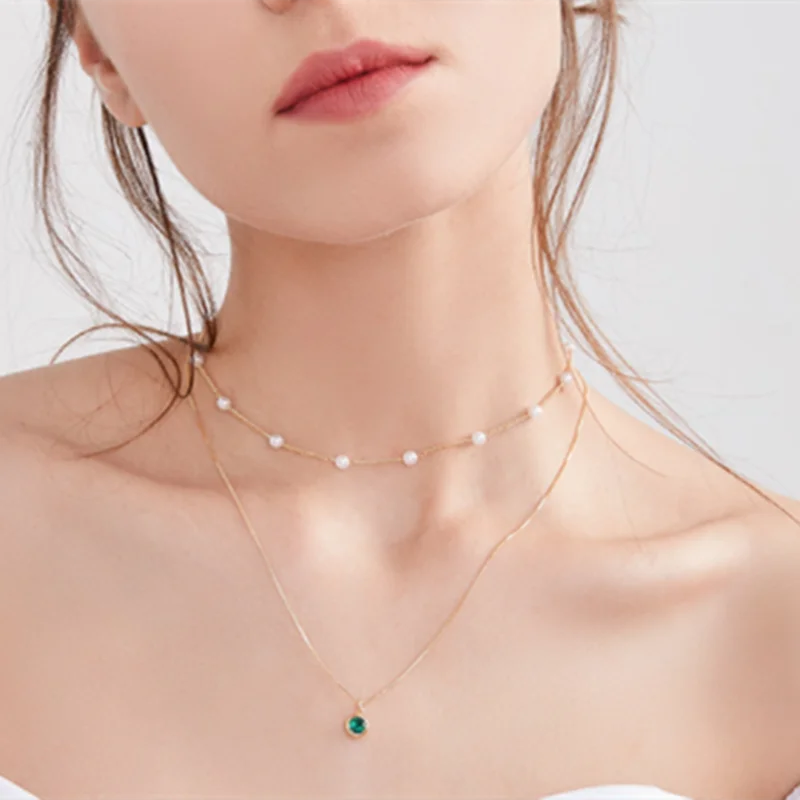 

HuaTang Elegant Green Crystal Pearl Pendant Necklace for Women Double Layer Gold Clavicle Chain Female Party Jewelry on the Neck