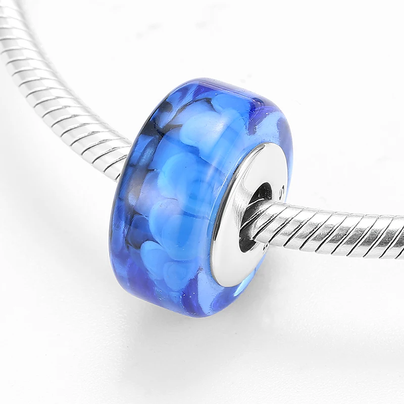 Горячее 925 пробы серебряные синие Лепестковые муранские бусины стеклянные