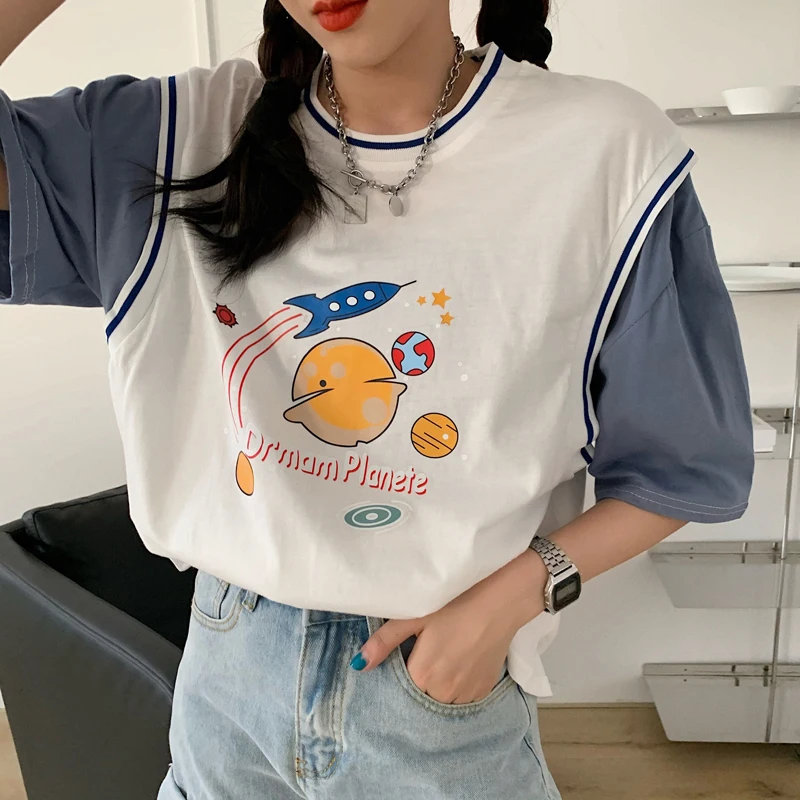 Футболка женская из двух предметов повседневный Свободный Топ в стиле Харадзюку