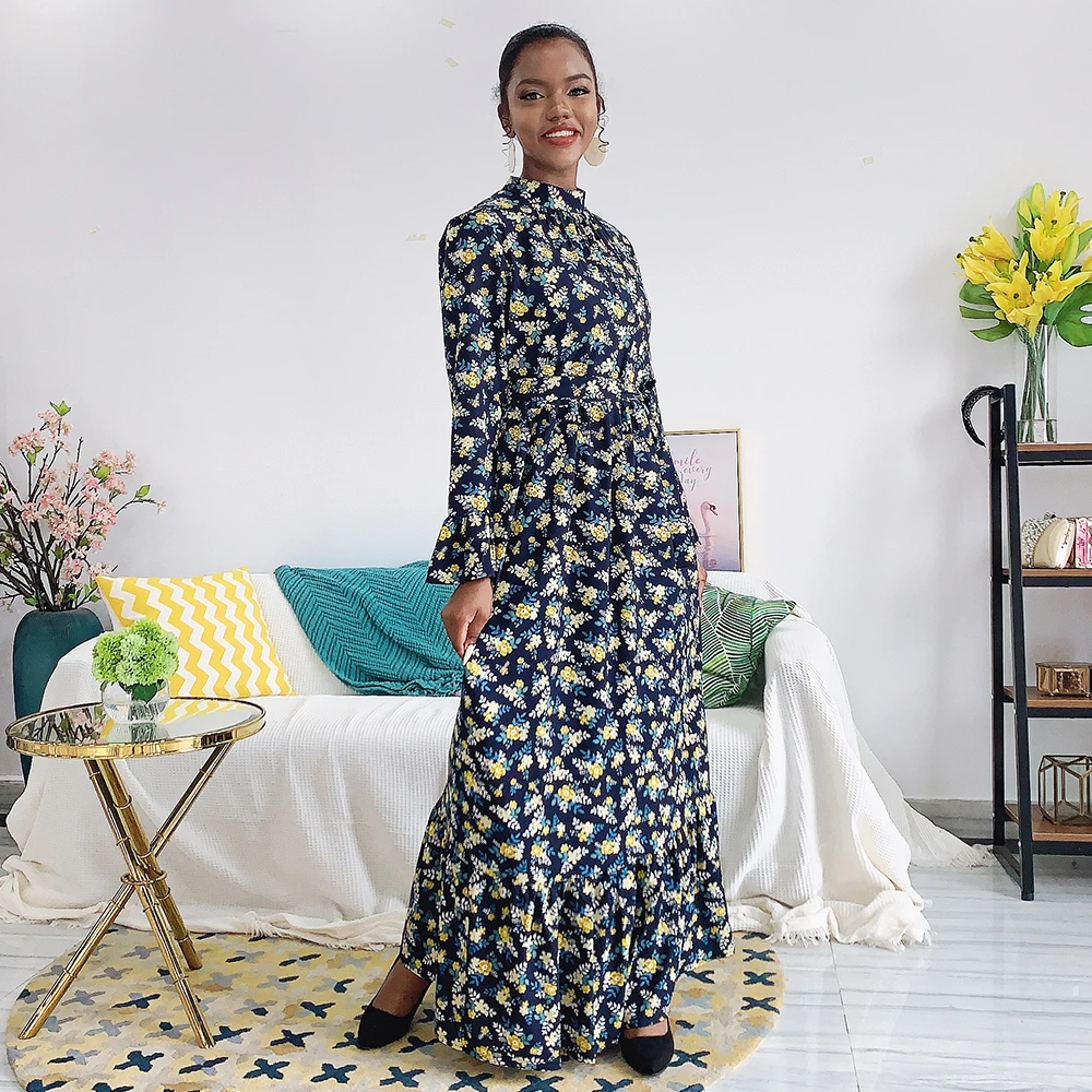 

Women Long Dress Arabic Muslim Clothing Maxi Dress Fall 2020 New Stand Collar Full Sleeve Floral Printed Ruffle
