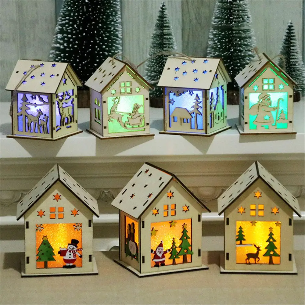 

DIY Festival LED Light Wood House Christmas Tree Toys Children Pretend Play Home Hanging Ornaments Light Up Xmas Gift Decoration