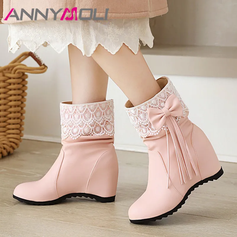 

Ботильоны ANNYMOLI женские на высоком каблуке, ботинки с бантом, увеличивающие рост, короткие сапоги с круглым носком, черные, 43, Осень-зима
