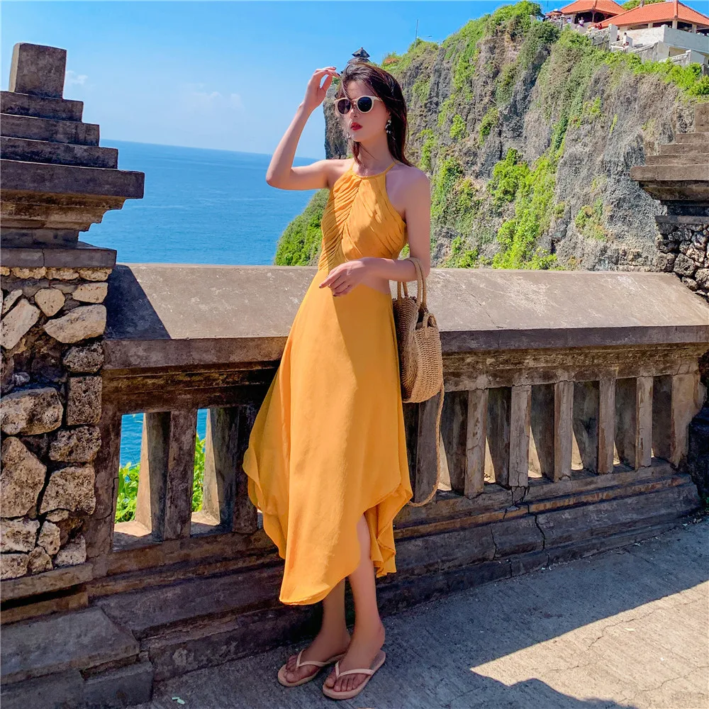 

High Quality Bohemian Backless Female Hollow Out Dresses Asymmetrical Beach Style Tank Sleeve Yellow Women Dresses Lady Vestidos