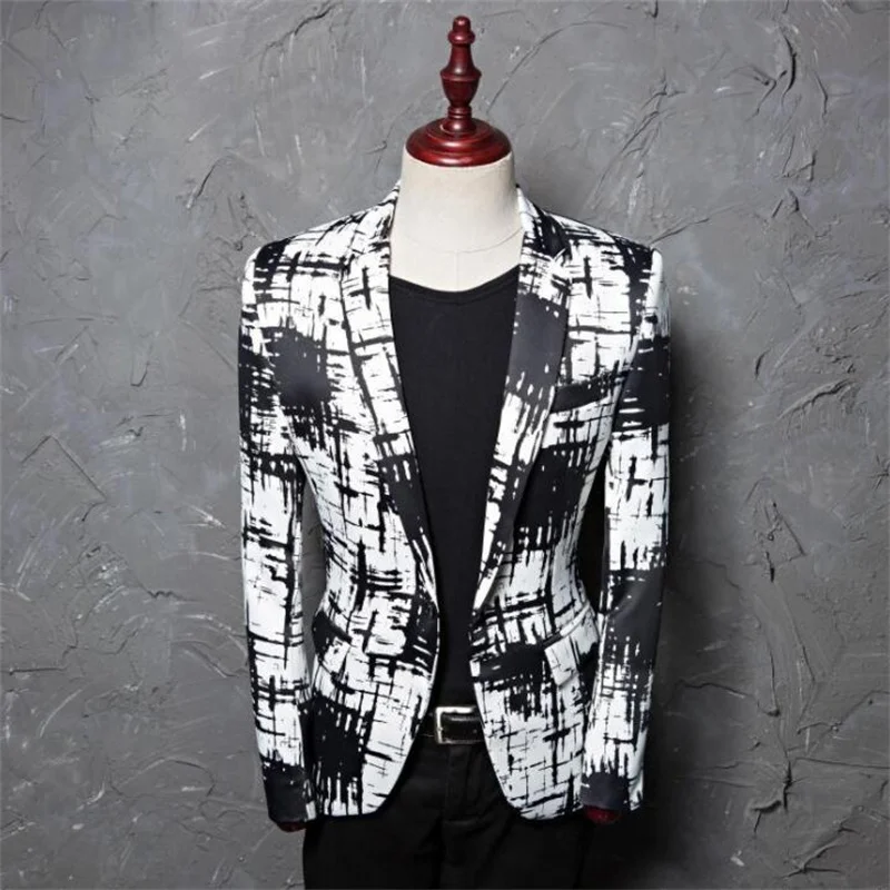 New men's casual suit jacket print splash ink style photo studio host hair stylist flower dress tide платье пиджак casaco