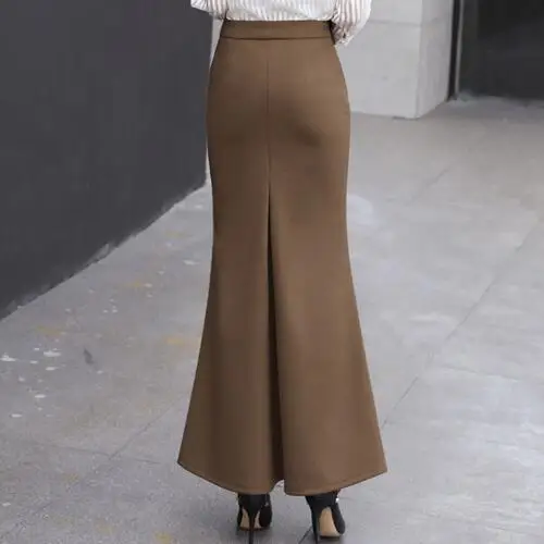 New Ladies Elegant Winter Maxi Skirts Women Woolen Long Skirt High Waist Mermaid Split Black Gray OL Pencil female DF921 | Женская