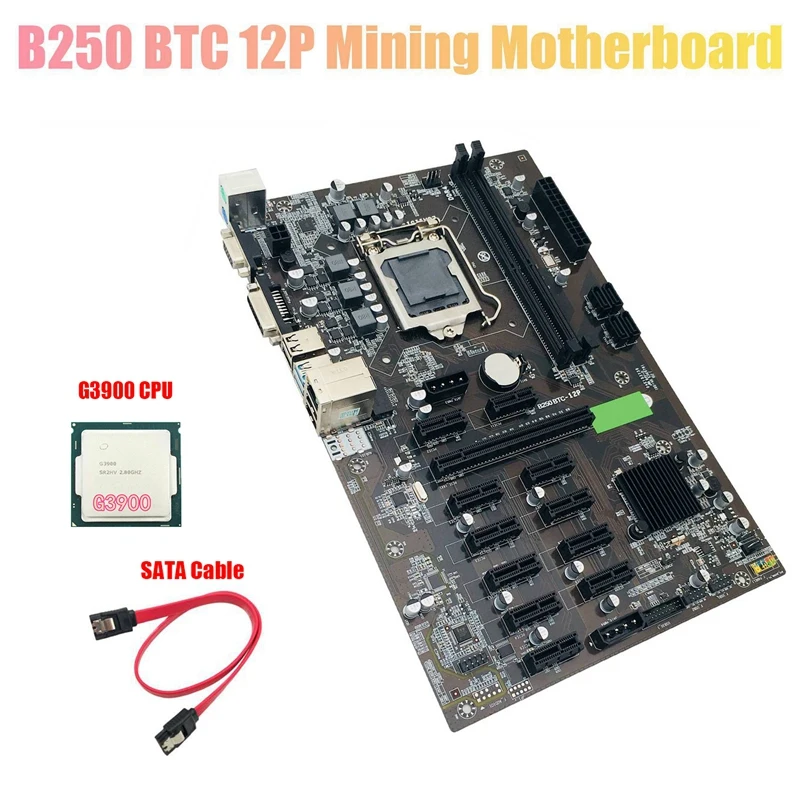 

HOT-B250 BTC Mining Motherboard with G3900 CPU+SATA Cable Supports DDR4 LGA 1151 12XGraphics Card Slot for BTC Miner