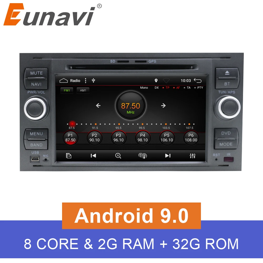 Eunavi Android 9,0 ips 2 Din автомобильный DVD для Ford Mondeo S-Max Focus C-MAX Galaxy Fiesta Transit Fusion мультимедийный плеер 2G+ 32G