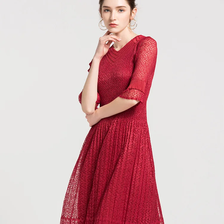

Women Pleated Red Green Wedding Dresses Luxury Office Lady Casual Plus Size Elastic Slim Bohemian Elegant Robe Sexy Party Cloth