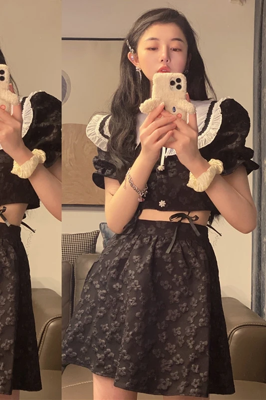 

Summer 2021 New Retro French Slim Bubble short Sleeve shirt women's Two piece set Office Lady