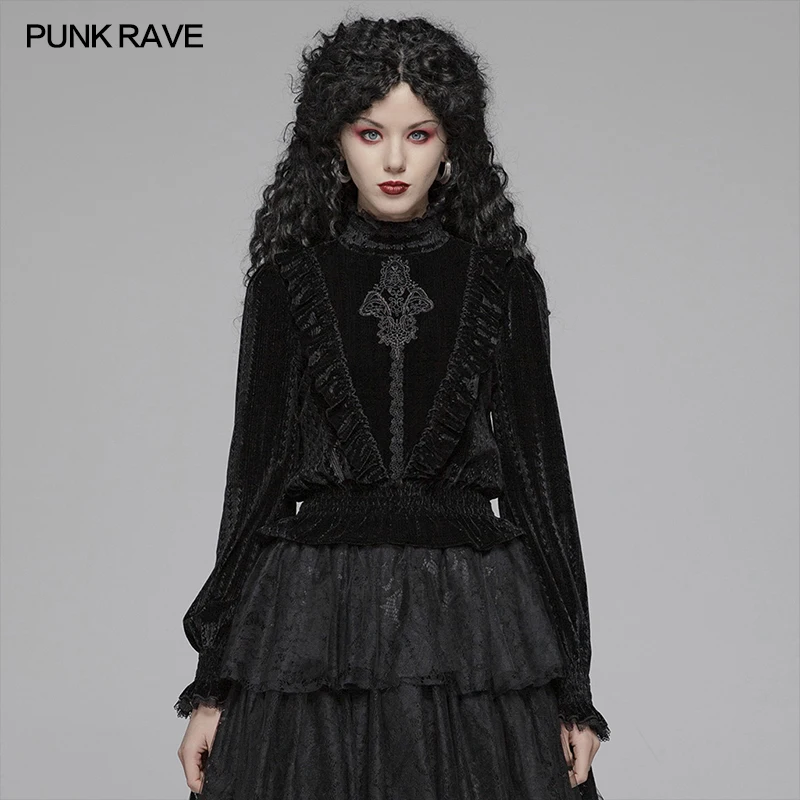 Punk Rave Women Gothic Dark-grain Velvet Blouse Black Top WT571