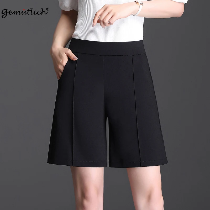 

GEMUTLICH M-9XL Women Summer Shorts Elastic Waist Big Size Solid Color Simple Knee Length Mother Casual Pants