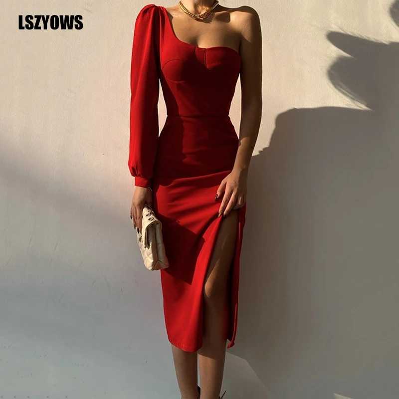 

Женское весеннее платье средней длины на одно плечо с длинным рукавом, красное платье с Боковым Разрезом, одежда для вечевечерние НКИ и клуб...