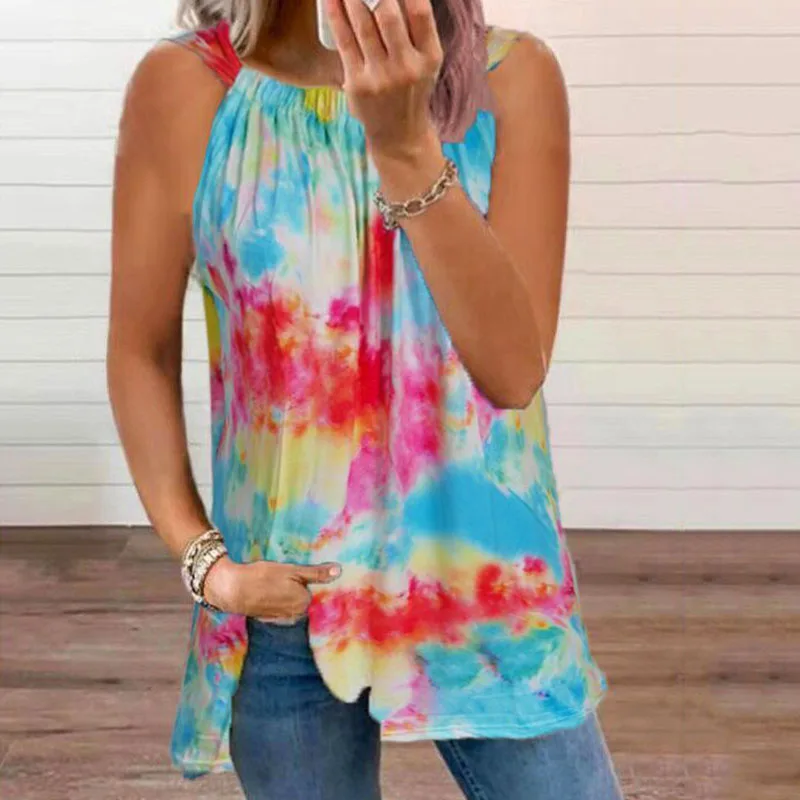 

Women Casual O-Neck Sleeveless Loose Top Blouse Summer Tie-Dye Printing Pullover Shirts Fashion Elegant Streetwear Dropshipping
