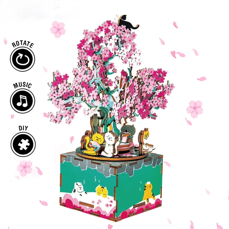 

148pcs Rotatable DIY 3D Cherry Tree Cat Wooden Puzzle Game Assembly Music Box Toy Gift for Children Kids Adult AM409