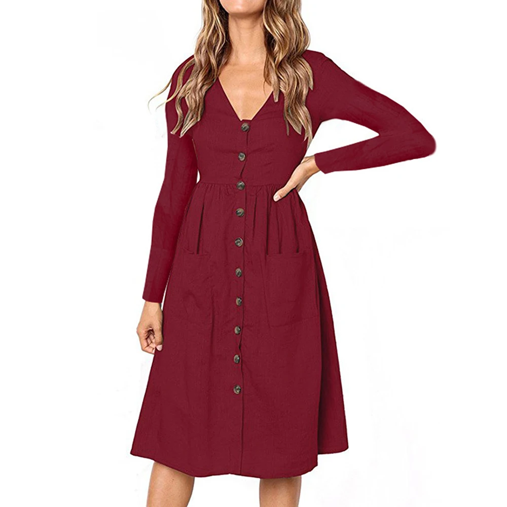 2020 NEW Arrival Autumn/Winter Fashion V-Neck Button Pocket Long-Sleeved Dress Women Casual Wild Dresses | Женская одежда