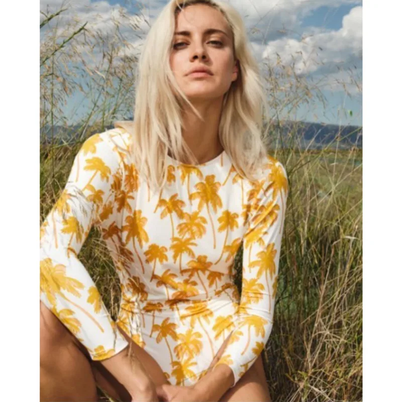

New Color Print One-Piece Swimsuit Long Sleeve Swimwear Sports Backless Women's Swimming Bathing Suit Beach Wear Bather Surfing