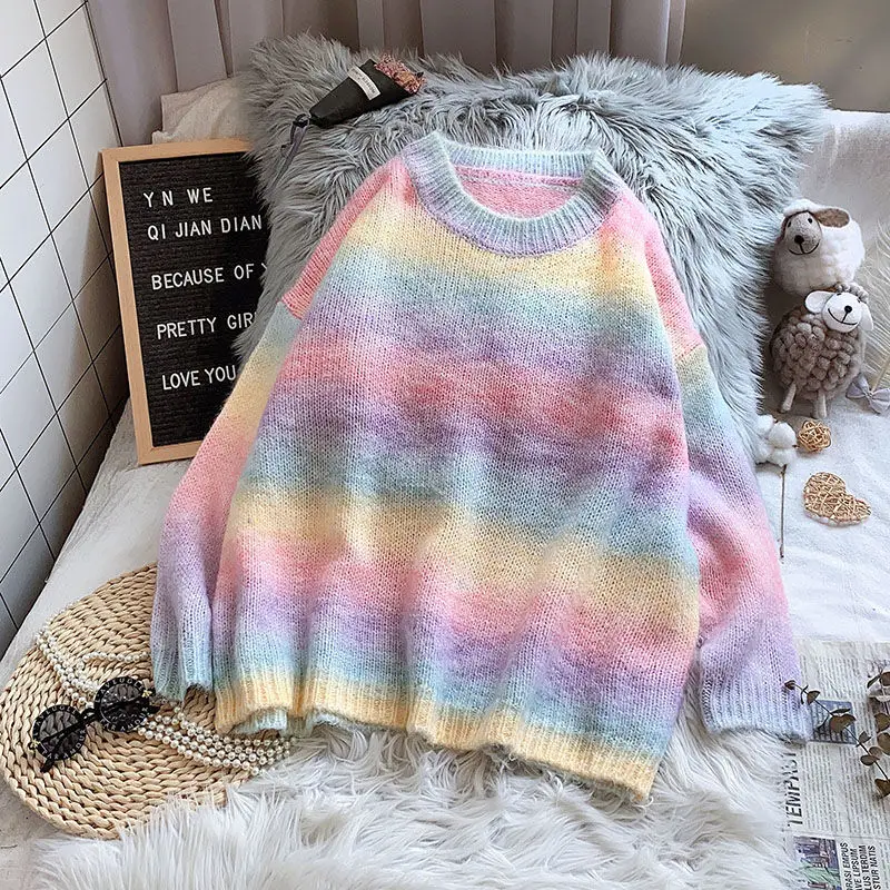 

Rainbow striped sweater pullover women's autumn 2020 new loose academic style lazy wind sweater top thin