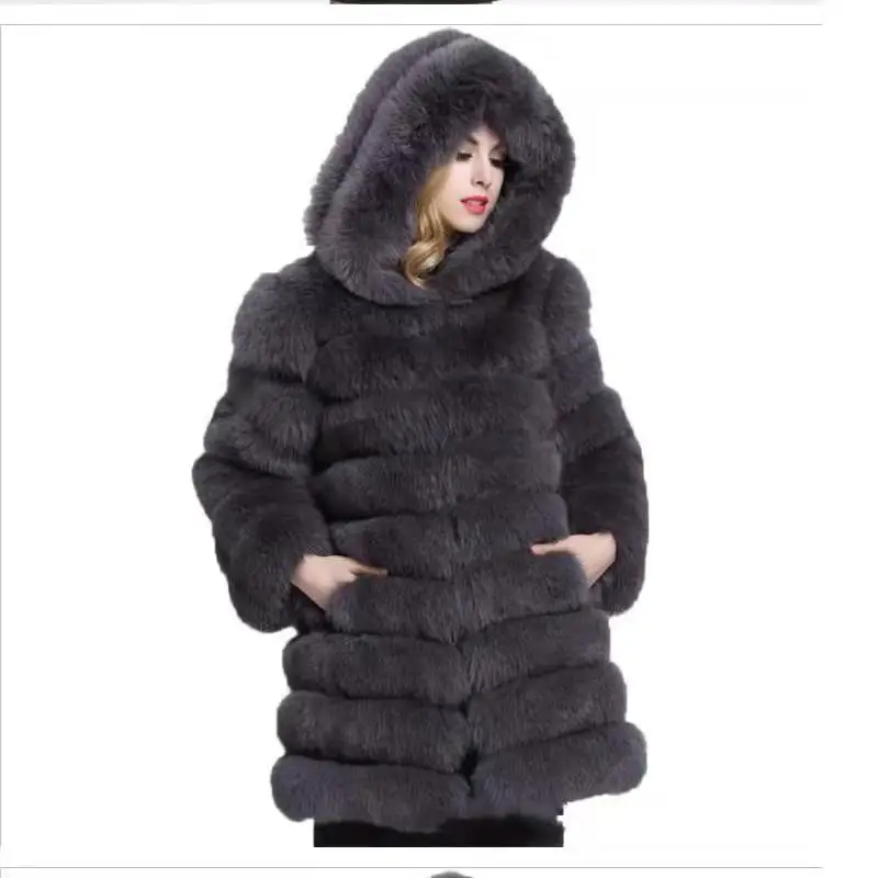 Dark gray Пальто с капюшоном из натурального Лисьего меха, черный жилет с отстегивающимся рукавом, жилет-трансформер, модное толстое теплое пальто, куртка, меховые жилеты для женщин с капюшоном 01 - Цвет: Dark gray