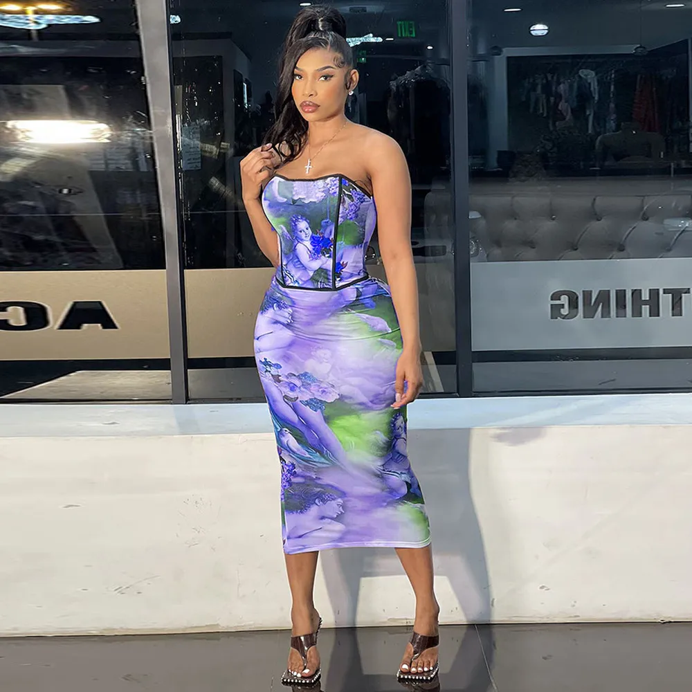 

Женский комплект из 2 предметов, Летний Топ без бретелек и облегающая юбка до середины икры, Y2K, 2022